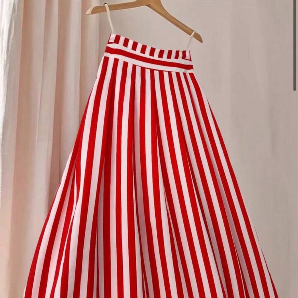 Red & White Striped High Waist Maxi Skirt Flowy A-Line
